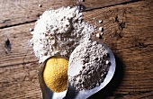 Three types of flour: rye, wheat, corn