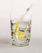Glass of water with ice cubes and lemon