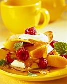 Pancake with raspberries, apricots and quark