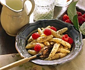 Potato noodles with poppy seed butter and raspberries