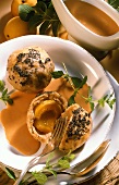Apricot dumplings with poppy seeds and rose hip sauce