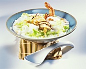 Chinese leaf & coconut soup with noodles, mushrooms & shrimps