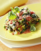 Lasagne with spring vegetables on plate