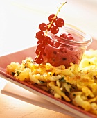 Noodles (Spaetzle) with sour cream, parsley and berry puree