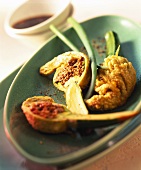 Courgette flowers with mince & peanut filling from the wok