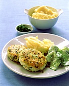 Fish cakes with cucumber salad and mashed potato