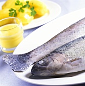 Trout cooked blue with lemon butter and boiled potatoes