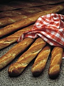 Several baguettes, partly covered with checked cloth