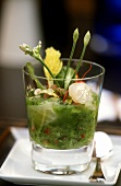 Gazpacho with fish and herbs in glass