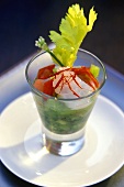 Gazpacho with fish, herbs and celery in glass