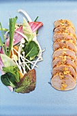 Sliced swordfish fillet and salad garnish