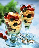 Vanilla mousse with fresh berries in glasses
