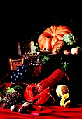 Still life with lobster, pumpkin, mushrooms and fruit