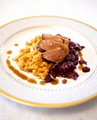 Duck breast with red cabbage and sweet potato puree