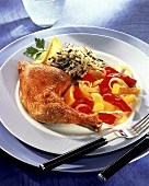 Chicken leg with peppers and onions and rice