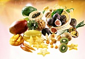 Various exotic fruits, some in basket