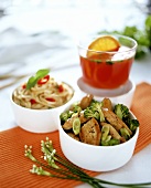 Food combination meal with chicken, rice noodles & aperitif