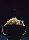 Boiled rice with borage flower in bowl