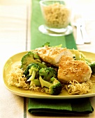 Sesame chicken with broccoli and noodles