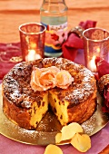Cheesecake with carrots, raisins and candied roses
