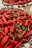 Fresh red chili peppers in baskets