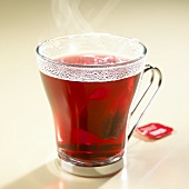 Steaming rose hip tea with tea bag in glass