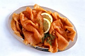 Smoked salmon, garnished with lemon and dill