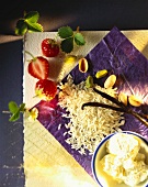 Still life with rice, quark, pistachios, vanilla & strawberries