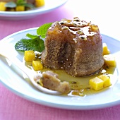 Bread pudding with passion fruit sauce