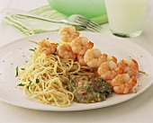 Shrimp kebabs with noodles and Asian sauce