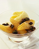 Pears with maple syrup, pistachios & vanilla ice cream