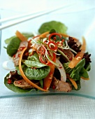 Spinach salad with carrots and duck (Thai style)