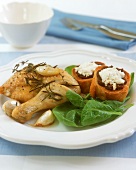 Chicken leg with herbs and garlic; crostini