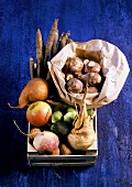 Winter vegetables, fruit and nuts in crate