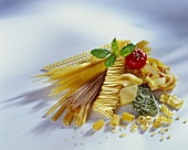 Pasta still life with tomato and basil