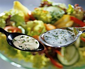 Two salad dressings: crème fraiche & buttermilk with herbs