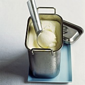 Vanilla ice cream in container with ice cream scoop