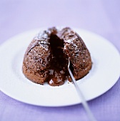 Chocolate pudding with icing sugar and chocolate sauce
