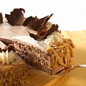 Whiskey and cream gateau with almonds and chocolate curls