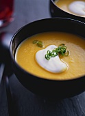 Carrot and ginger soup with a blob of crème fraiche