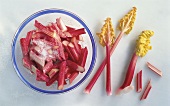 Sugared pieces of rhubarb on plate and stick of rhubarb