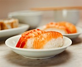 Nigiri sushi with shrimps and with salmon