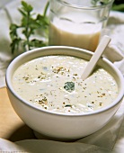 Creamy courgette soup in a soup bowl