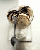 Mocca ice cream with chocolate sauce
