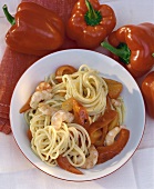 Spaghetti with peppers and shrimps