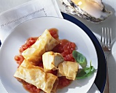 Spring rolls with guinea-fowl filling on tomato sauce