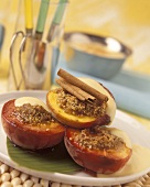 Baked peaches with brown sugar, cinnamon and vanilla sauce 