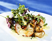 Mixed salad leaves with sorrel and king prawns