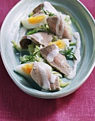Pork fillet on leek salad with boiled eggs
