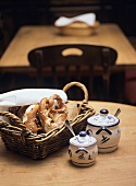 Pretzels in bread basket in restaurant